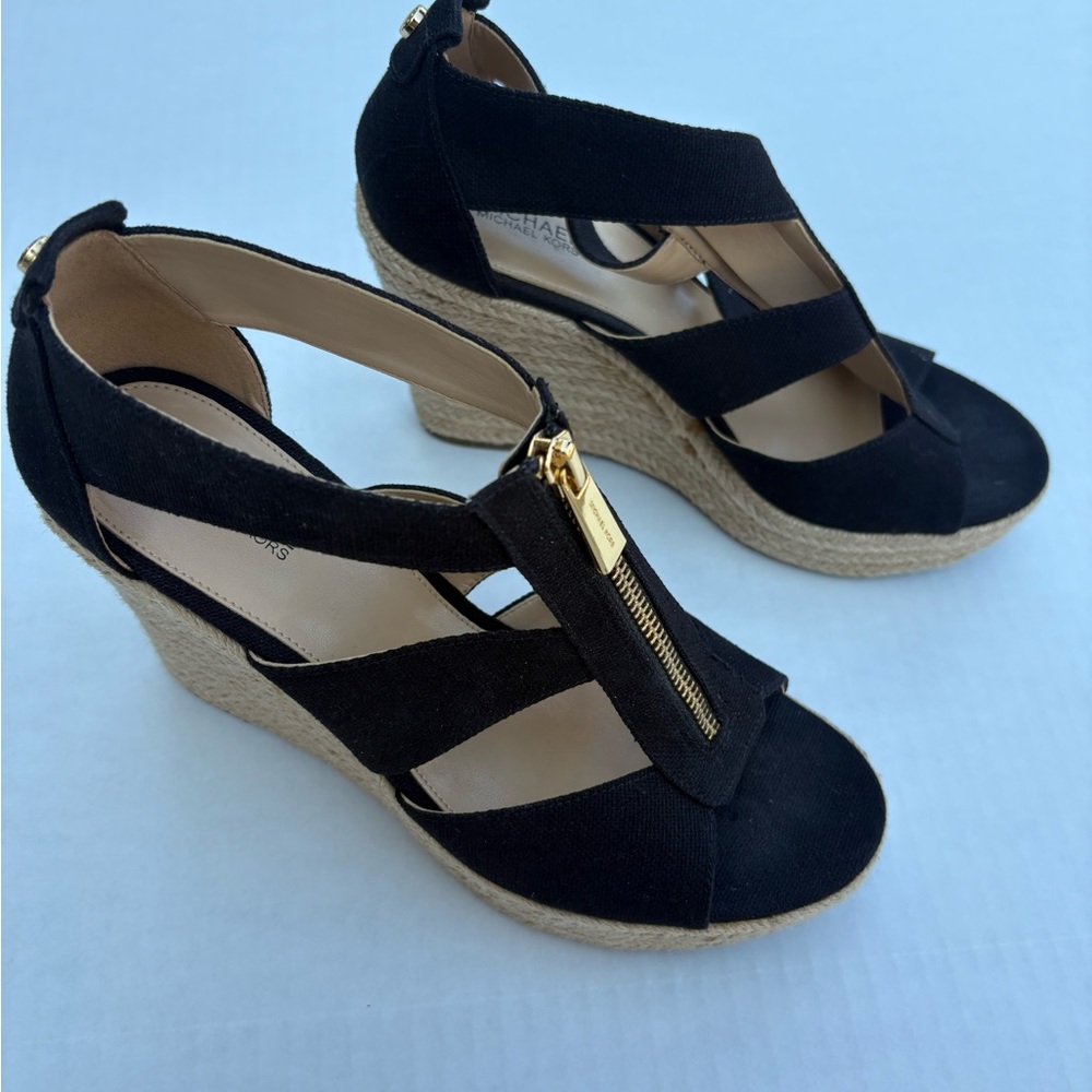 MICHAEL Michael Kors Black Wedge Sandals with Gold Accents